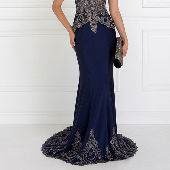 MOTHER OF THE BRIDE LONG GOWN DRESS GLS1598 NAVY - Picture 2 of 7